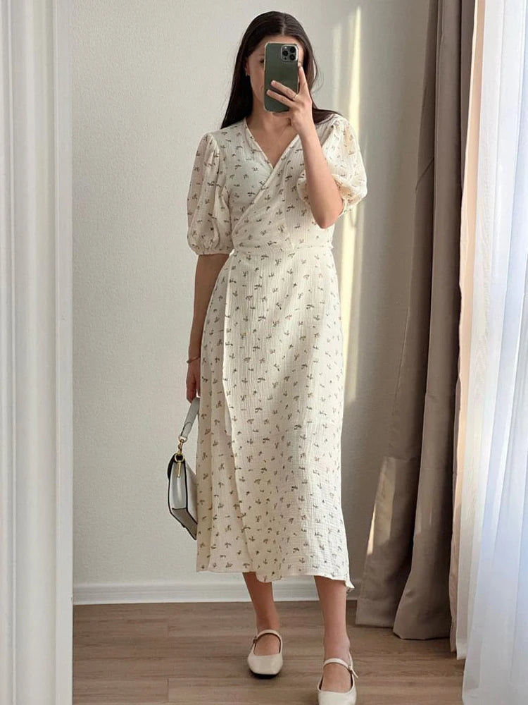 Casual Women's Summer Dresses 100% Cotton Floral Print A-line Midi Dress with Side Slits Long Elegant White Dress for Women 2025 - 3KDyn